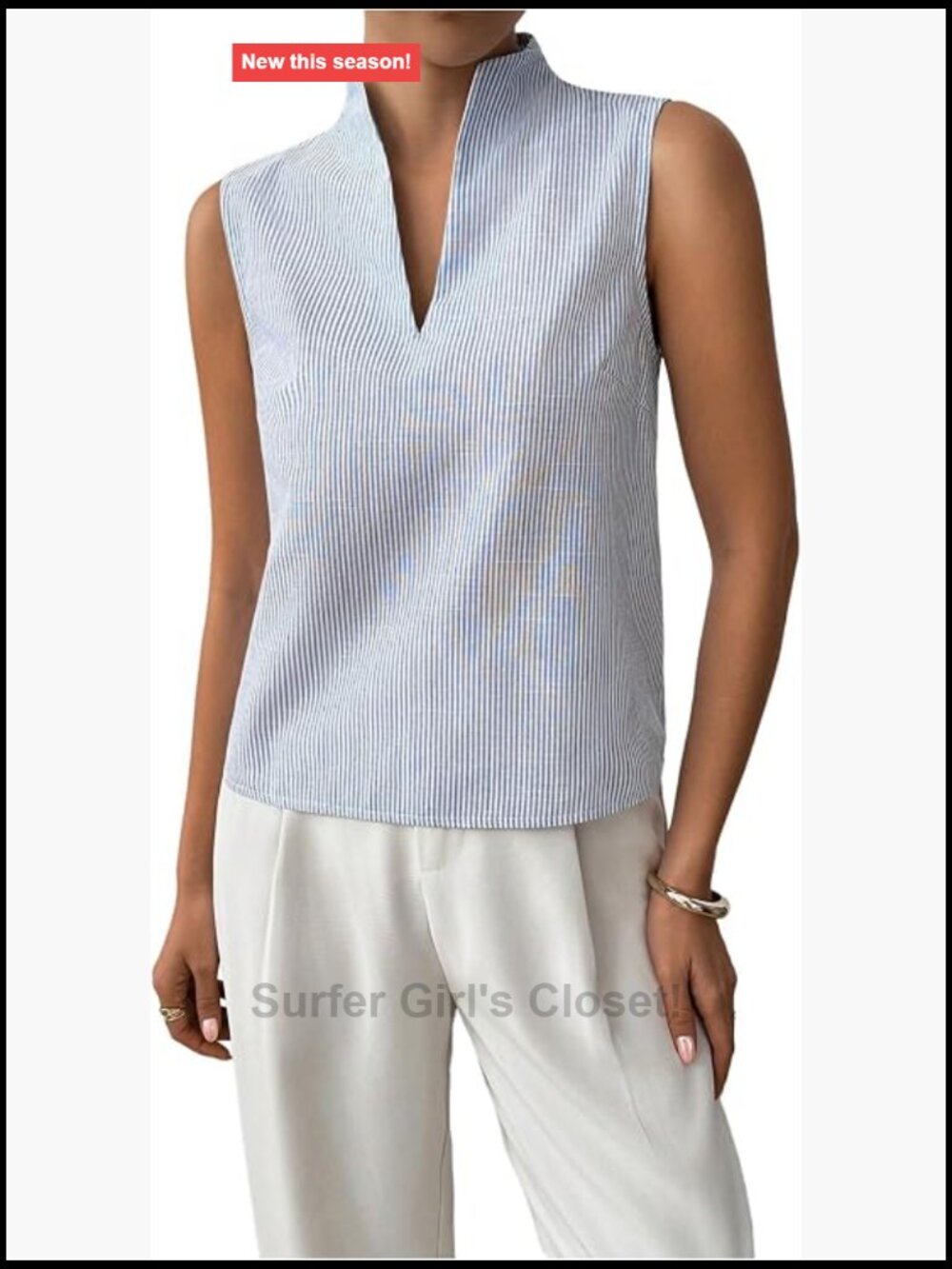 Elegant Sleeveless Striped Blouse Stand Collar V-Neck Tank Top